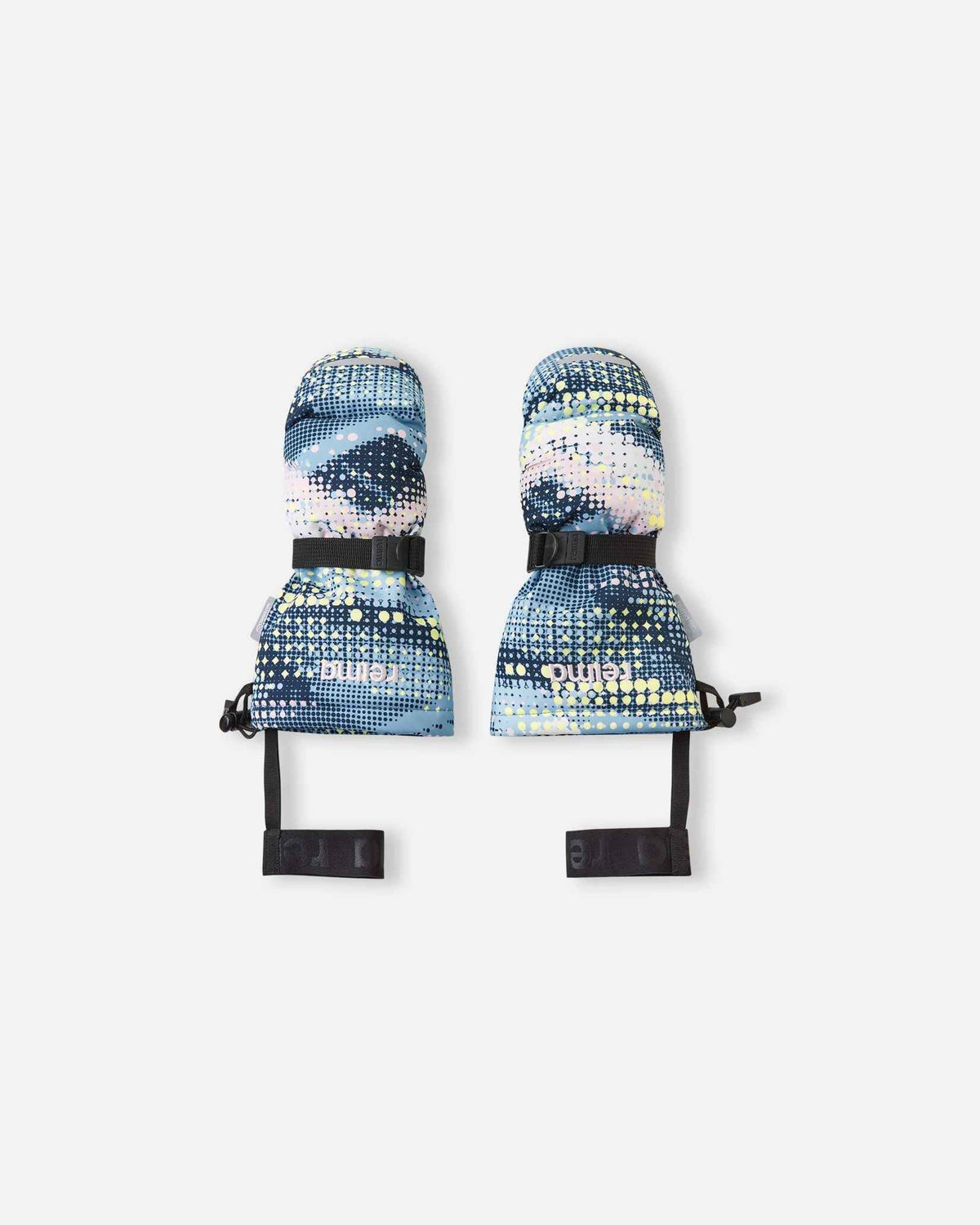 Flat lay view of the backs of the frozen blue dot-patterned Reima Vanukko kids' ski mittens. The image showcases the extra-long snow-blocking cuffs, adjustable wrist straps for a secure fit, and attached elastic safety wrist leashes.