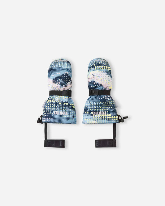Flat lay view of the backs of the frozen blue dot-patterned Reima Vanukko kids' ski mittens. The image showcases the extra-long snow-blocking cuffs, adjustable wrist straps for a secure fit, and attached elastic safety wrist leashes.