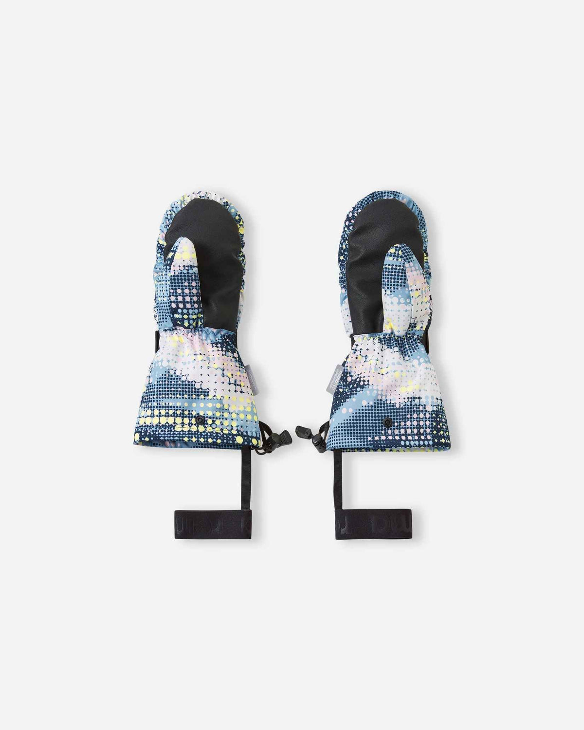 Flat lay view of the palms of the frozen blue Reima Vanukko kids' ski mittens, featuring the durable black reinforced gripping surface on the palms and thumbs designed to withstand active winter play and securely grip ski poles.