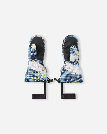 Flat lay view of the palms of the frozen blue Reima Vanukko kids' ski mittens, featuring the durable black reinforced gripping surface on the palms and thumbs designed to withstand active winter play and securely grip ski poles.