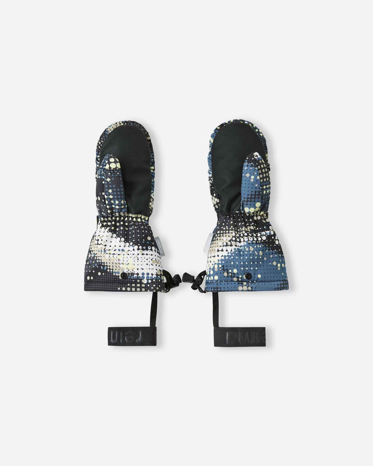 Flat lay view of the palms of the soft black Reima Vanukko kids' ski mittens, showcasing the durable black reinforced gripping surface on the palms and thumbs.