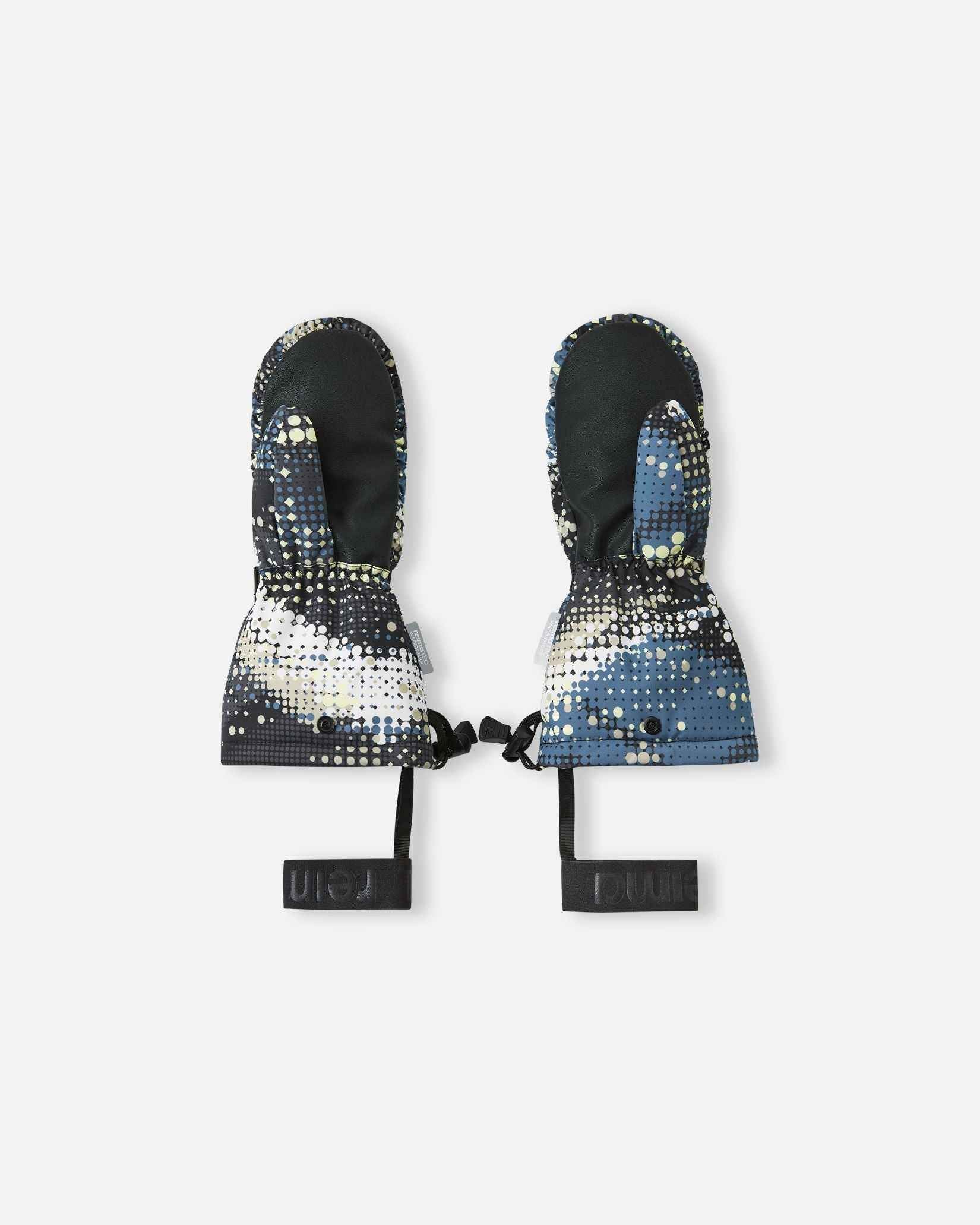 Flat lay view of the palms of the soft black Reima Vanukko kids' ski mittens, showcasing the durable black reinforced gripping surface on the palms and thumbs.