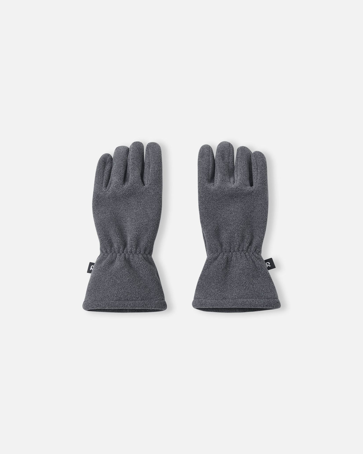 Top view of a pair of black melange Reima Varmin kids' fleece gloves, showcasing the soft textured fabric, elasticated wrists designed for a secure winter fit, and small black Reima logo tags on the sides.