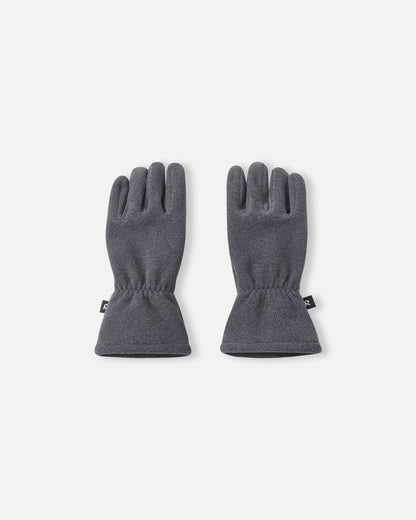 Top view of a pair of black melange Reima Varmin kids' fleece gloves, showcasing the soft textured fabric, elasticated wrists designed for a secure winter fit, and small black Reima logo tags on the sides.