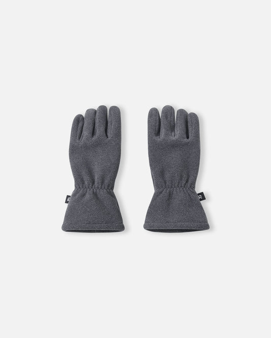 Top view of a pair of black melange Reima Varmin kids' fleece gloves, showcasing the soft textured fabric, elasticated wrists designed for a secure winter fit, and small black Reima logo tags on the sides.
