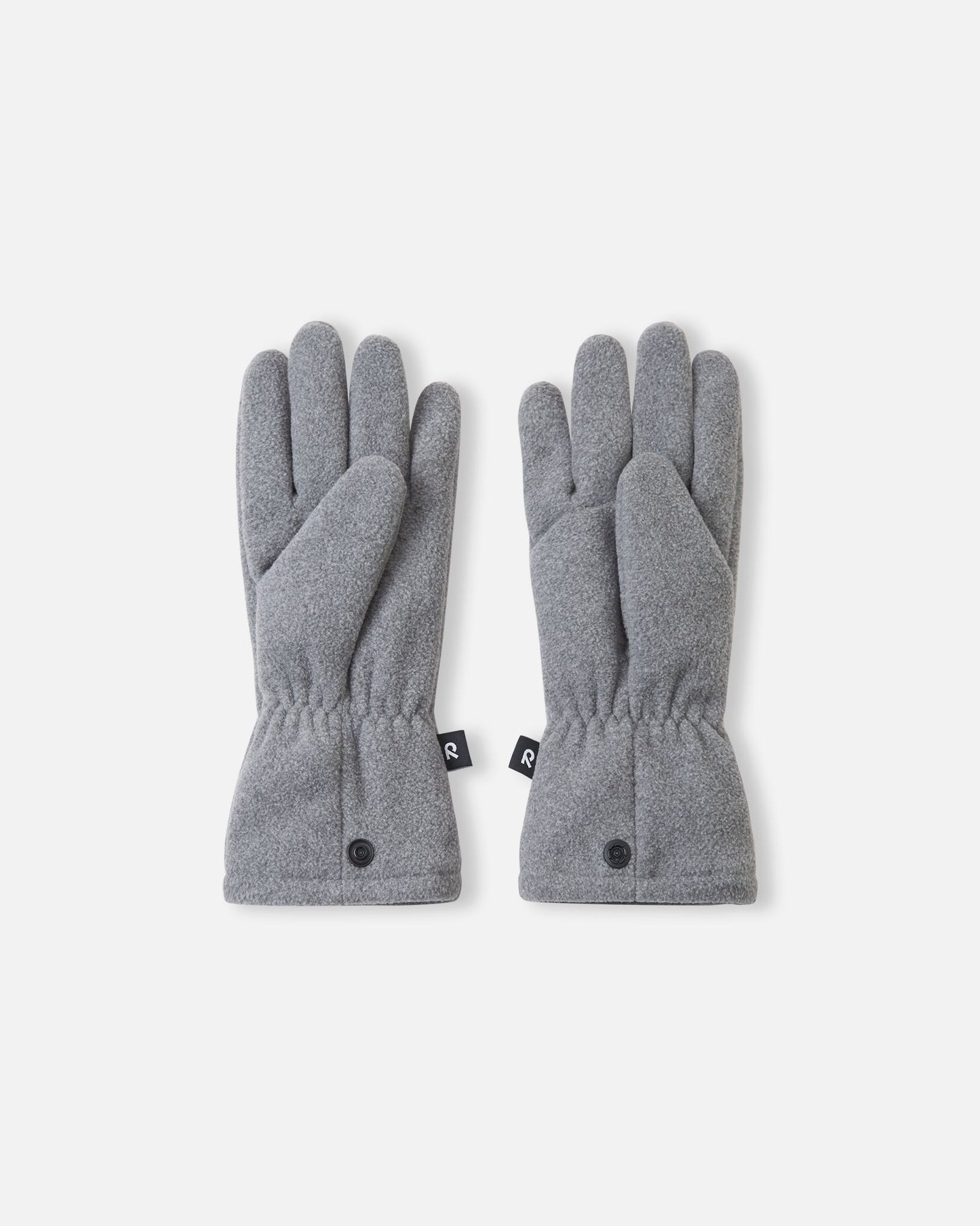 Palm side view of the Reima Varmin children's fleece gloves in a light melange grey, featuring a classic five-finger design, gathered elastic wrists to keep out cold air, and connecting snap buttons at the bottom hem.