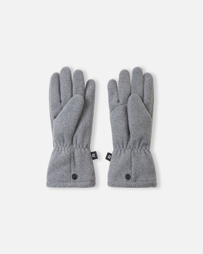Palm side view of the Reima Varmin children's fleece gloves in a light melange grey, featuring a classic five-finger design, gathered elastic wrists to keep out cold air, and connecting snap buttons at the bottom hem.