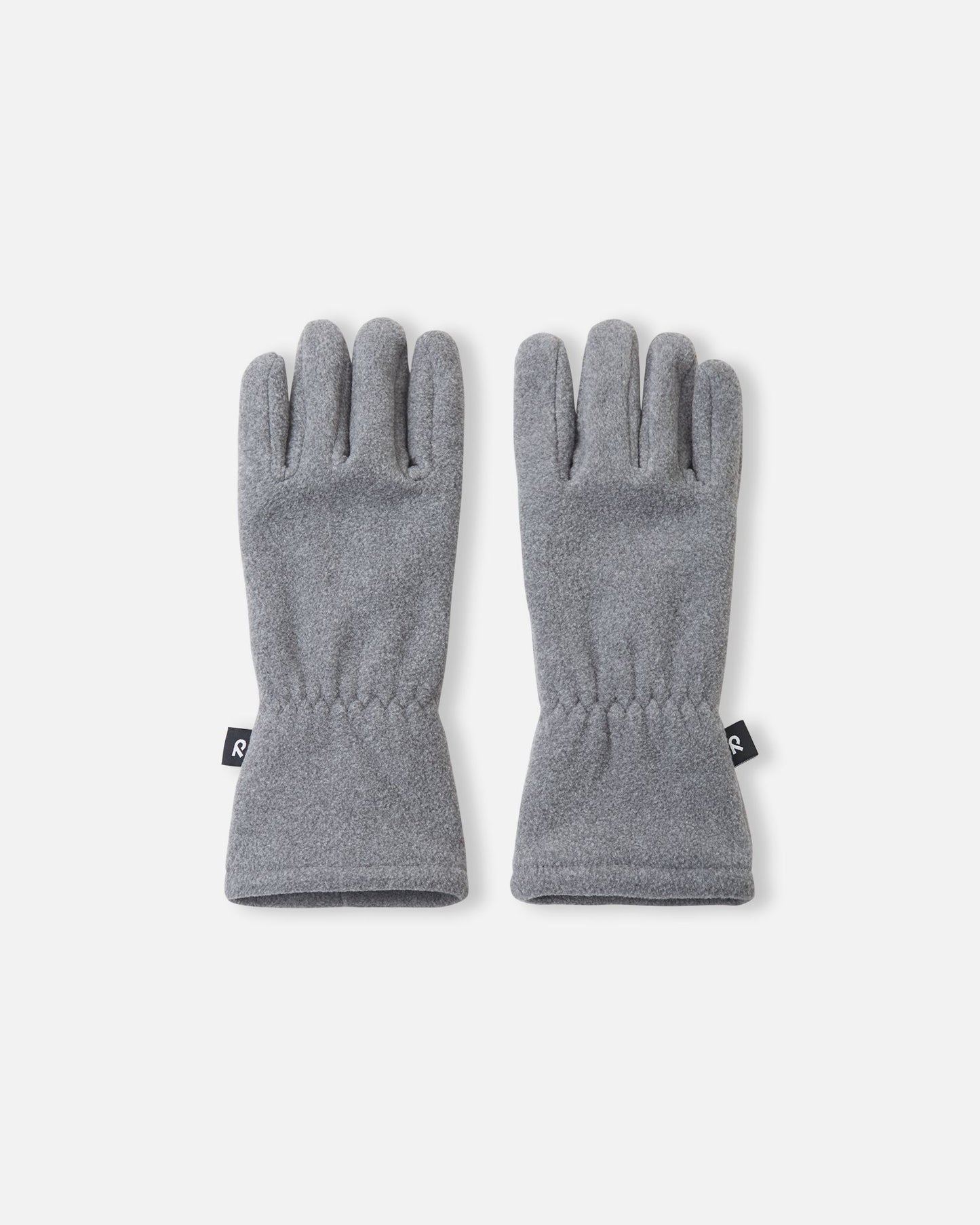 Top view of a pair of melange grey Reima Varmin kids' fleece gloves, displaying the soft textured material, elasticated wrists for a secure fit, and black Reima brand tags on the outer edges.