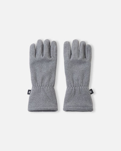 Top view of a pair of melange grey Reima Varmin kids' fleece gloves, displaying the soft textured material, elasticated wrists for a secure fit, and black Reima brand tags on the outer edges.