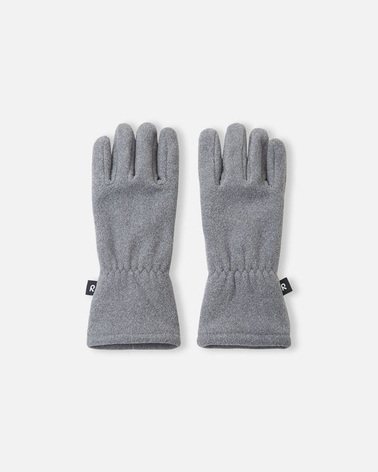 Top view of a pair of melange grey Reima Varmin kids' fleece gloves, displaying the soft textured material, elasticated wrists for a secure fit, and black Reima brand tags on the outer edges.