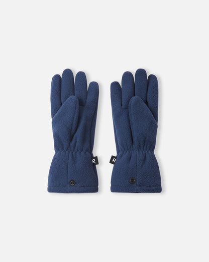 Palm side view of the Reima Varmin children's fleece gloves in navy blue, showcasing the comfortable finger design, gathered elastic wrists, and connecting snap buttons at the bottom hem.