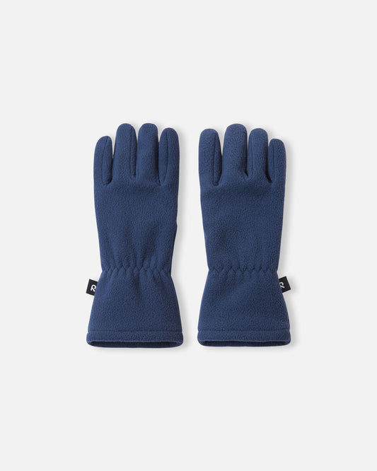 Top view of a pair of navy blue Reima Varmin kids' fleece gloves, featuring soft, warm fabric, a black Reima logo tag on the side, and elasticated wrists for a snug winter fit.