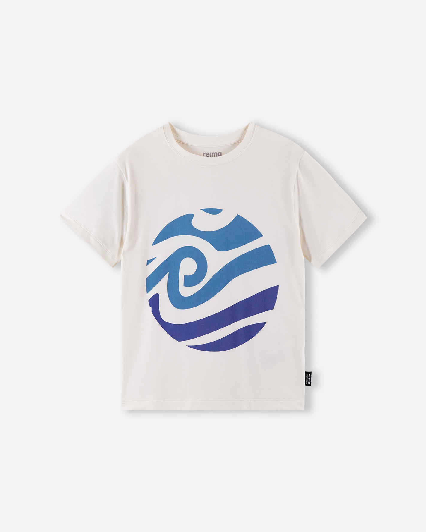 Front view of the Reima Vauhdikas kids' cooling summer t-shirt in off-white, featuring a blue ocean wave circle print, designed with highly breathable fabric for active summer play.