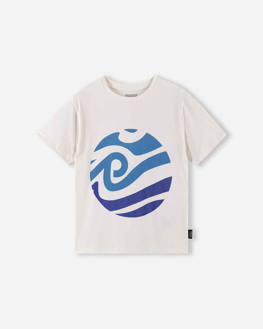 Front view of the Reima Vauhdikas kids' cooling summer t-shirt in off-white, featuring a blue ocean wave circle print, designed with highly breathable fabric for active summer play.