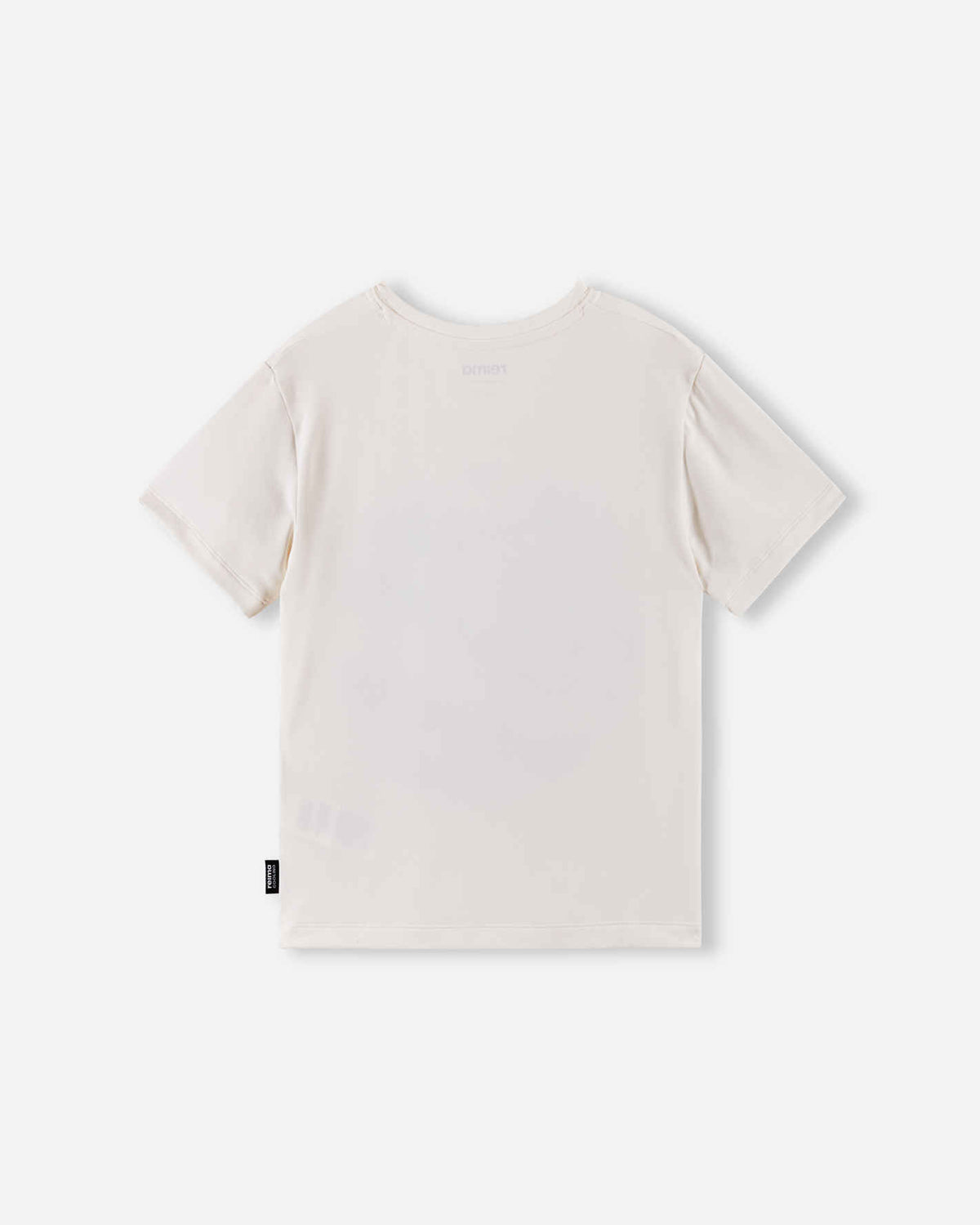 Back view of the Reima Vauhdikas cooling summer t-shirt in off-white fresh mint, featuring a smooth, stretch-knit fabric design that allows for maximum freedom of movement.
