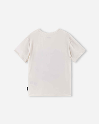 Back view of the Reima Vauhdikas cooling summer t-shirt in off-white fresh mint, featuring a smooth, stretch-knit fabric design that allows for maximum freedom of movement.