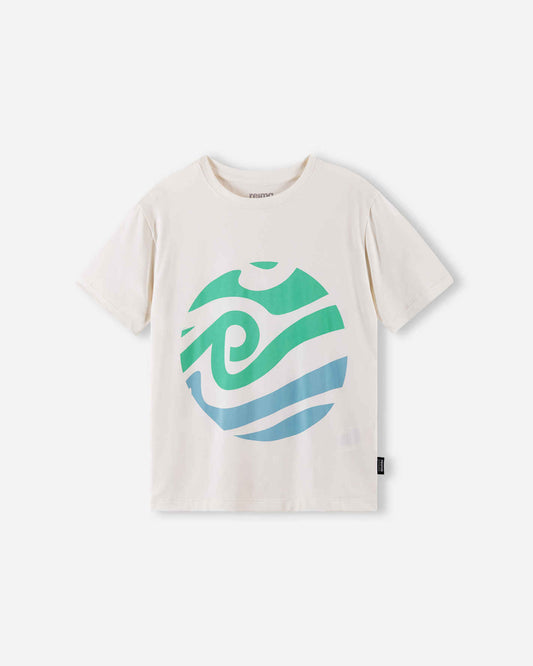 Front view of the Reima Vauhdikas children's cooling summer t-shirt in off-white, showcasing a vibrant fresh mint green and blue wave graphic, ideal for keeping kids comfortable on hot days.