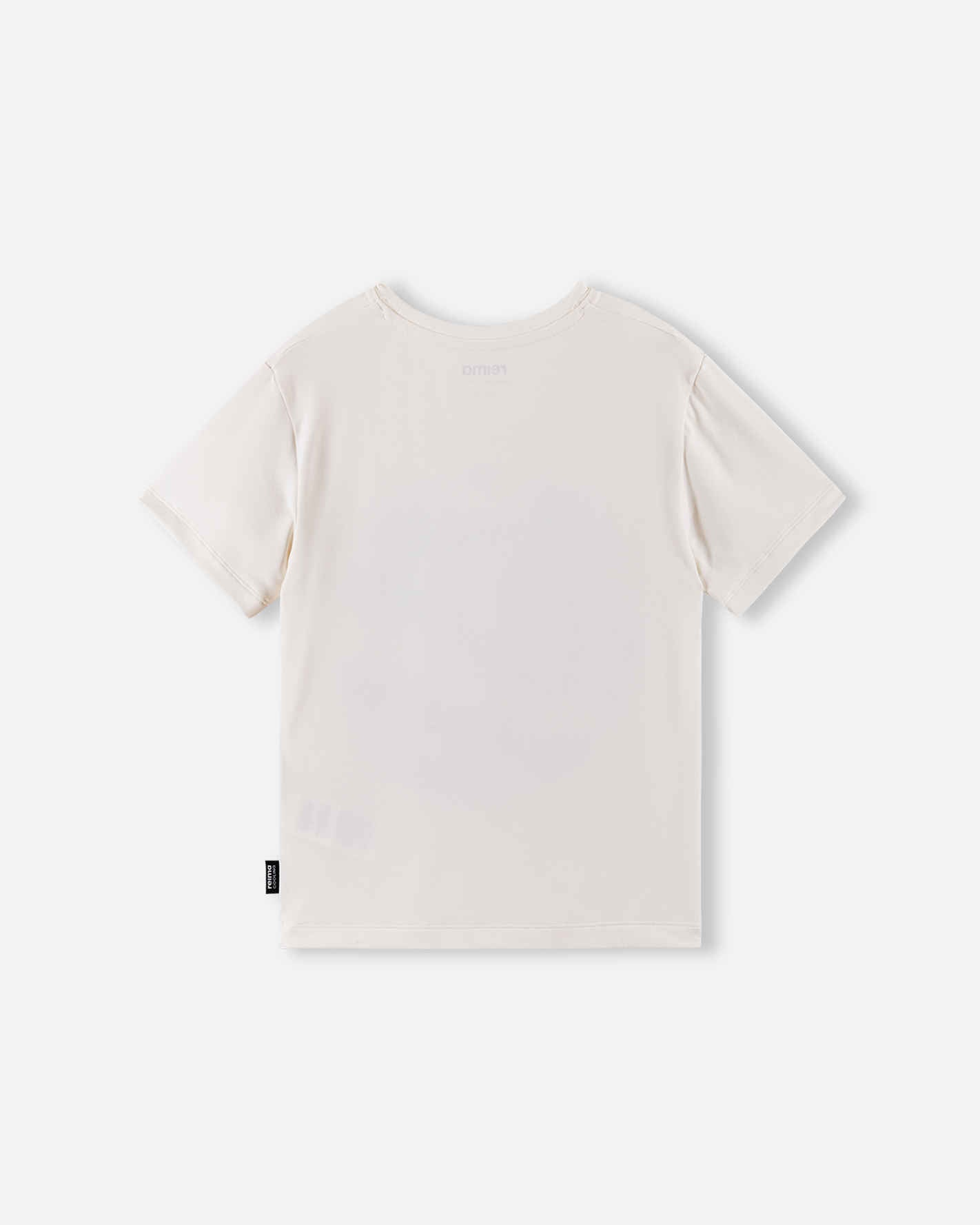 Back view of the off-white soft coral Reima Vauhdikas children's cooling t-shirt, displaying the comfortable crew neck design, seamless shoulders, and lightweight summer material.