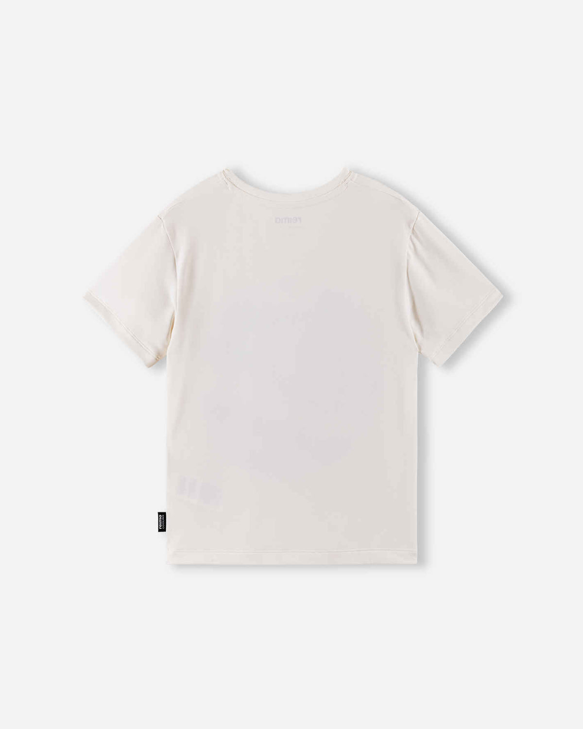 Back view of the off-white soft coral Reima Vauhdikas children's cooling t-shirt, displaying the comfortable crew neck design, seamless shoulders, and lightweight summer material.