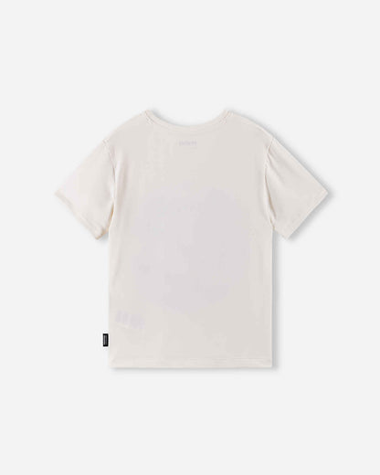 Back view of the off-white soft coral Reima Vauhdikas children's cooling t-shirt, displaying the comfortable crew neck design, seamless shoulders, and lightweight summer material.