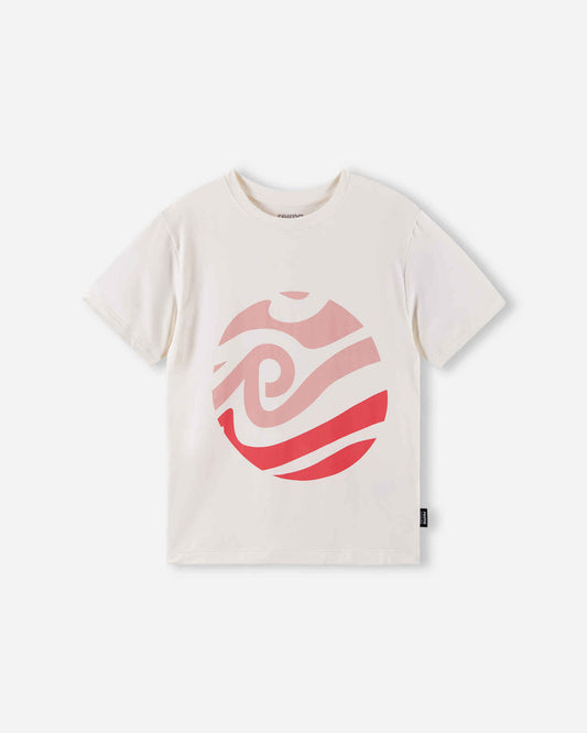 Front view of the Reima Vauhdikas kids' cooling short-sleeve t-shirt in off-white, featuring a bold soft coral pink and red wave circle print, combining summer style with technical cooling fabric.