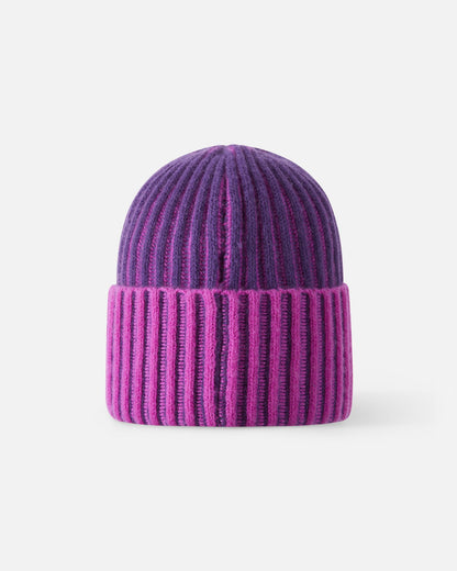 Back view of the Reima Veikee kids winter beanie in plum purple and pink stripes, showcasing the seamless crown shaping and the continuous stretchy ribbed cuff designed to ensure a secure and comfortable fit on a child's head.