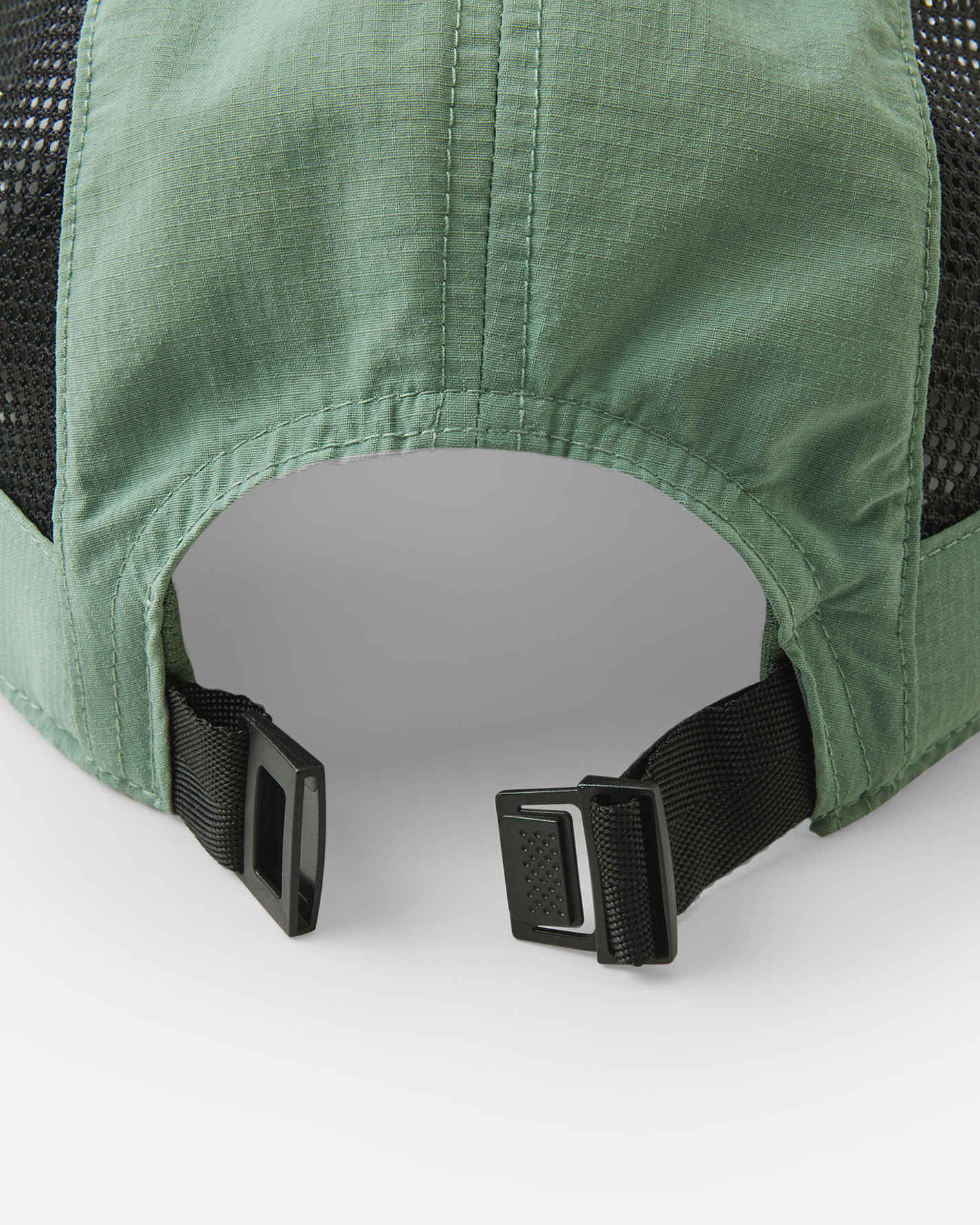 Detailed close-up of the secure, adjustable black buckle closure on the Reima Verkot kids' stone green summer cap, demonstrating the functional hardware designed to grow with your child.