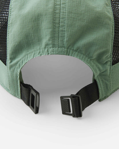 Detailed close-up of the secure, adjustable black buckle closure on the Reima Verkot kids' stone green summer cap, demonstrating the functional hardware designed to grow with your child.