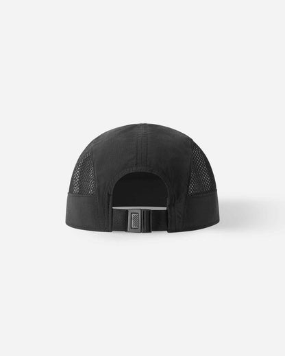 Back view of the black Reima Verkot kids' sun cap, showcasing the cooling mesh side ventilation and an adjustable black strap closure for a secure, custom fit.