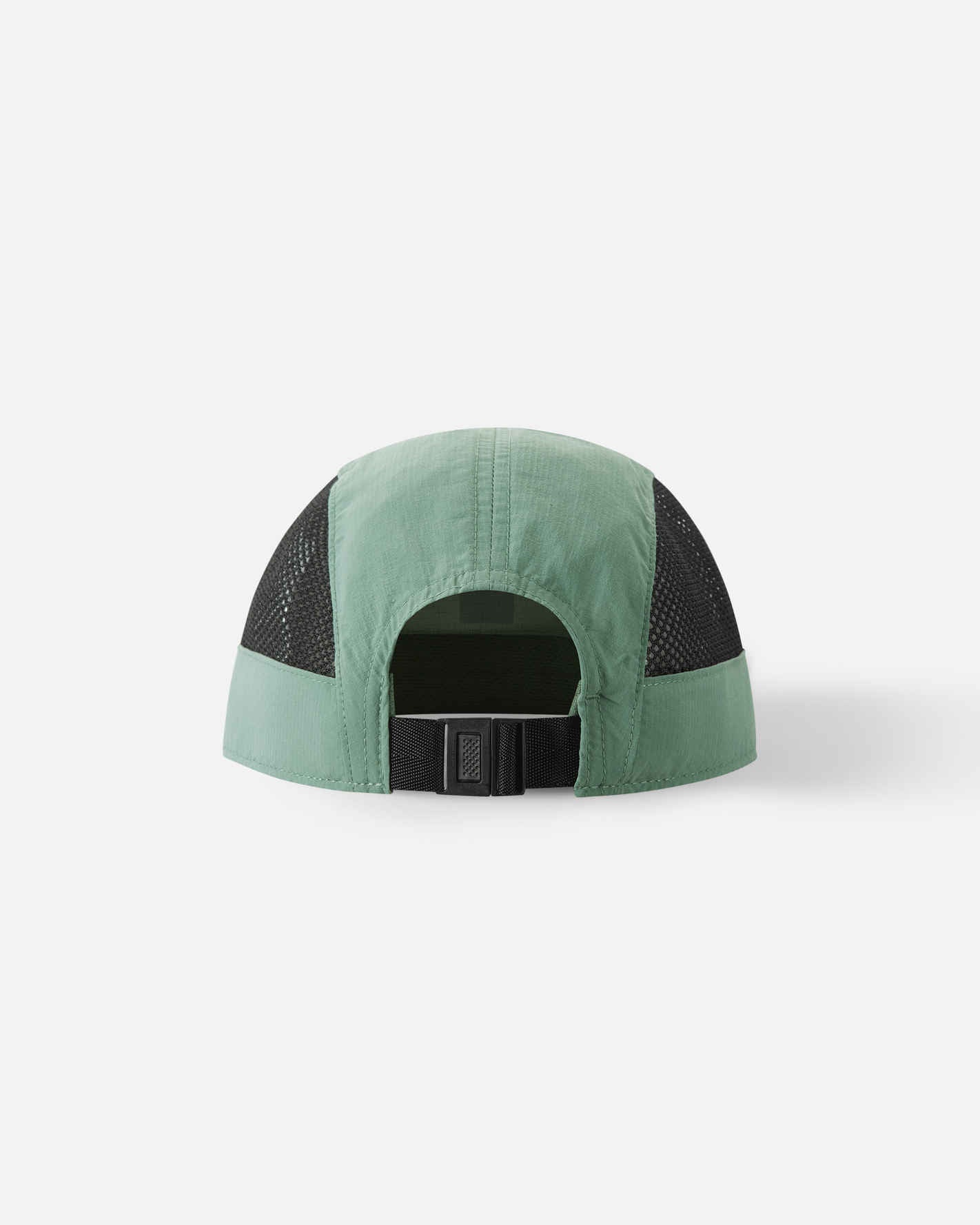 Back view of the stone green Reima Verkot kids' sun cap, highlighting the protective UPF 50+ main fabric, cooling black mesh ventilation panels, and a secure adjustable back strap.