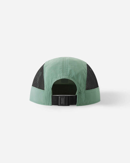 Back view of the stone green Reima Verkot kids' sun cap, highlighting the protective UPF 50+ main fabric, cooling black mesh ventilation panels, and a secure adjustable back strap.