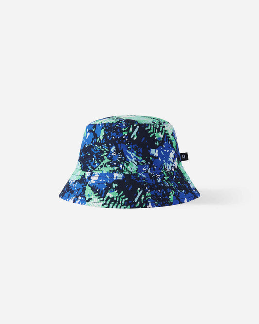 Front view of the Reima Viehe kids' UPF 50+ reversible sun hat in fresh mint, featuring a dynamic blue and green abstract print and a wide sunproof brim for summer protection.