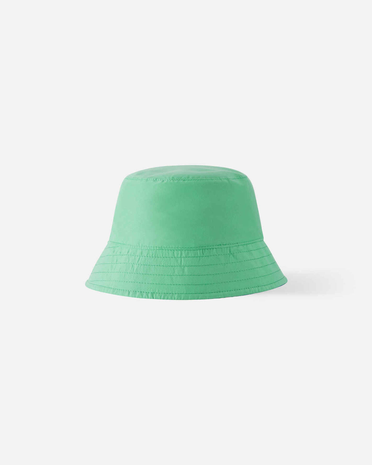 Reverse side of the Reima Viehe kids' UPF 50+ sun hat, displaying a solid fresh mint green color on the classic bucket hat silhouette, offering versatile two-in-one summer styling.