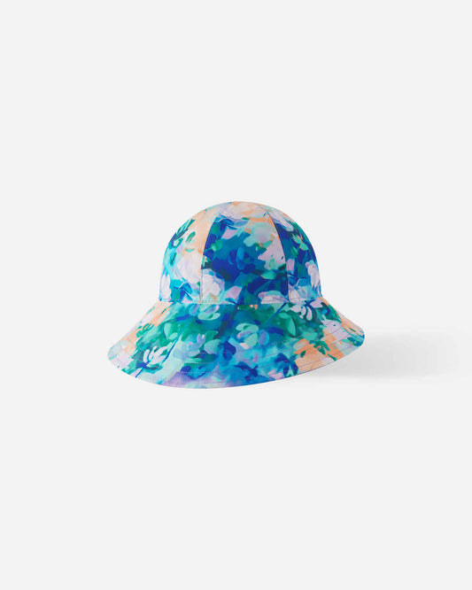 Front view of the Reima Viiri kids' UPF 50+ sunproof bucket hat featuring a fresh blue and pastel watercolor floral print, designed with a wide protective brim for summer sun safety.