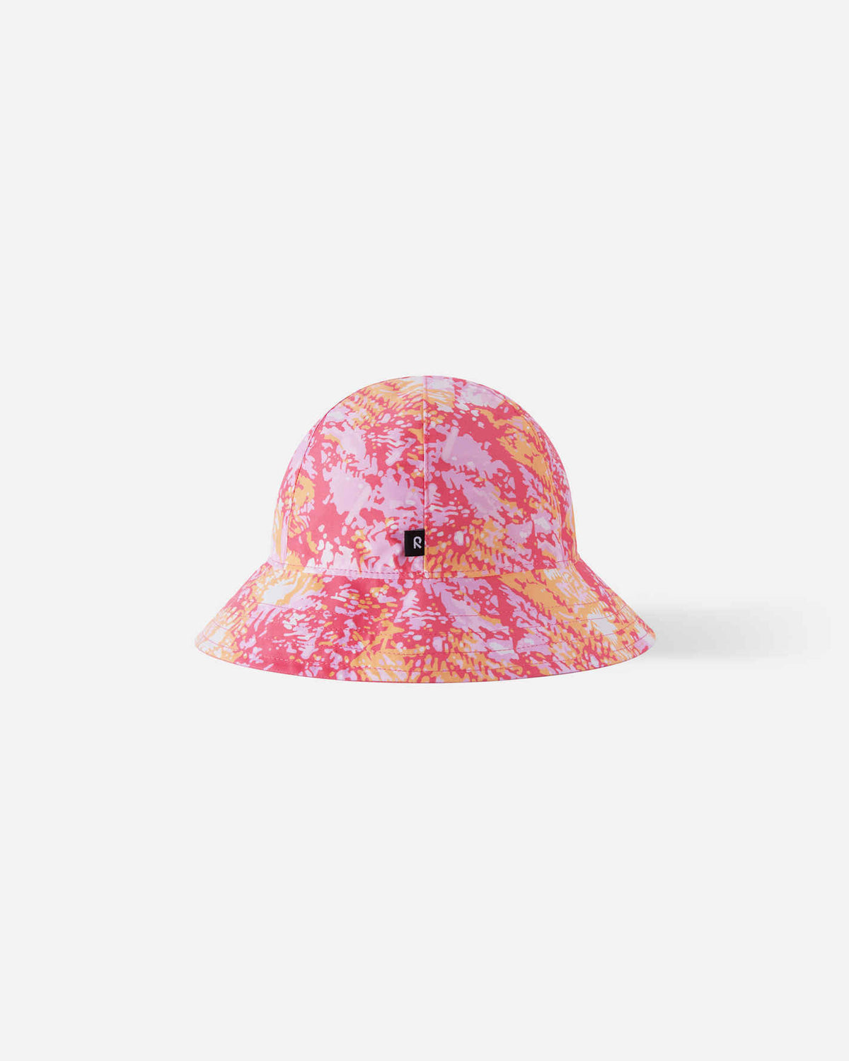 Back view of the soft coral Reima Viiri kids' reversible sunproof hat, displaying the vibrant abstract print and continuous brim designed to protect a child's neck from harsh sunlight.