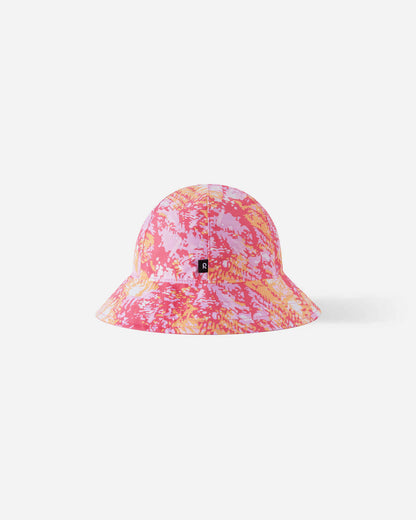 Back view of the soft coral Reima Viiri kids' reversible sunproof hat, displaying the vibrant abstract print and continuous brim designed to protect a child's neck from harsh sunlight.