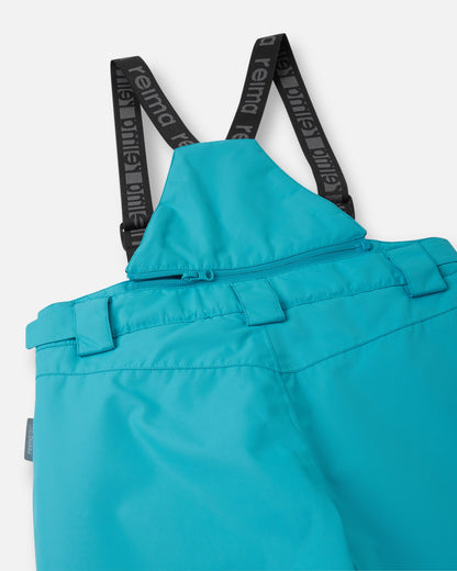 Detail view of the upper back on the aquatic Reima Wingon kids' snow pants, featuring the stretchy high-back panel for extra core warmth, belt loops, and sturdy Reima-branded elastic suspenders.