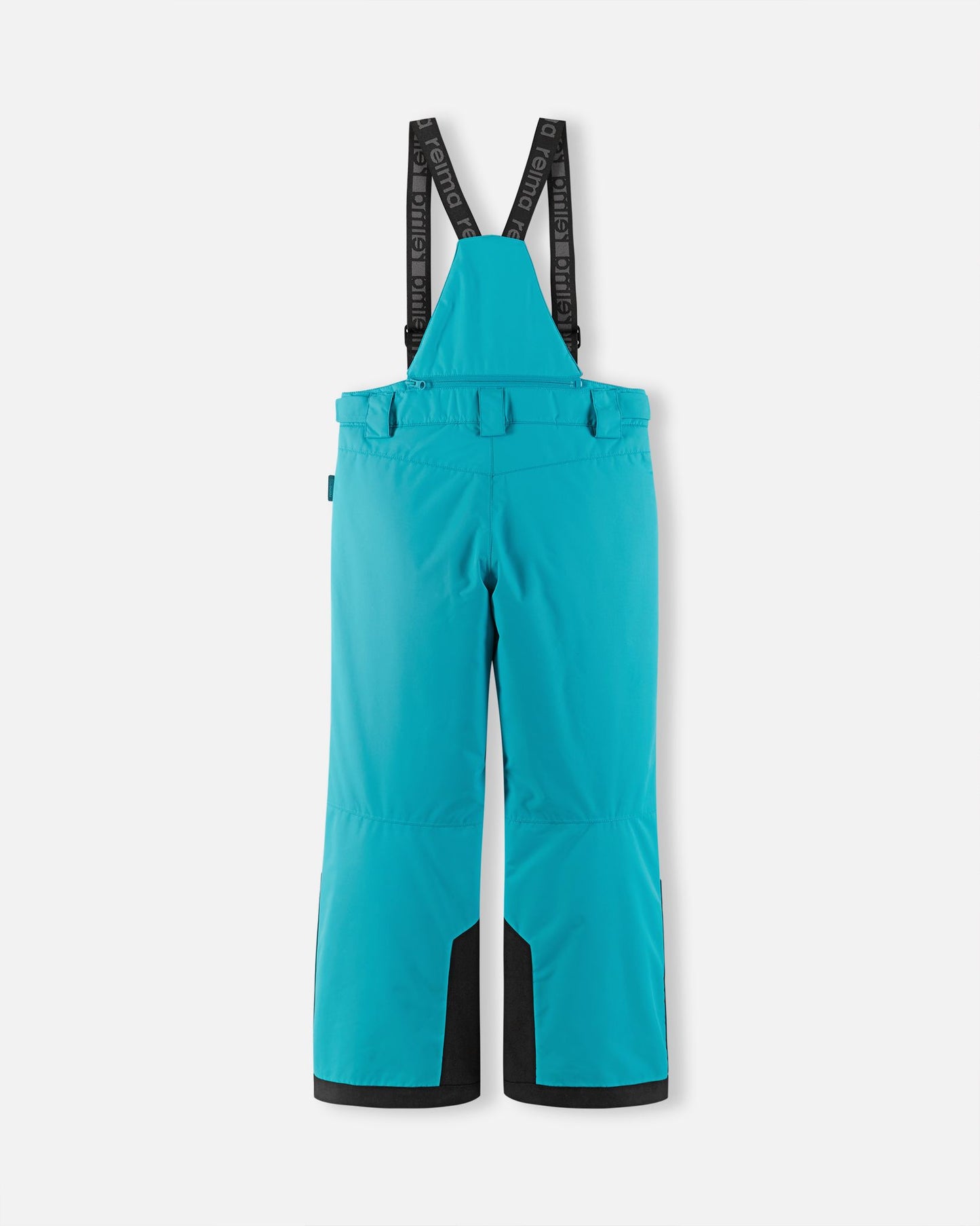 Back flat lay view of the aquatic Reima Wingon kids' ski pants, showcasing the high-back coverage, elastic waistband, and heavy-duty black reinforced lower legs built for rugged winter sports.