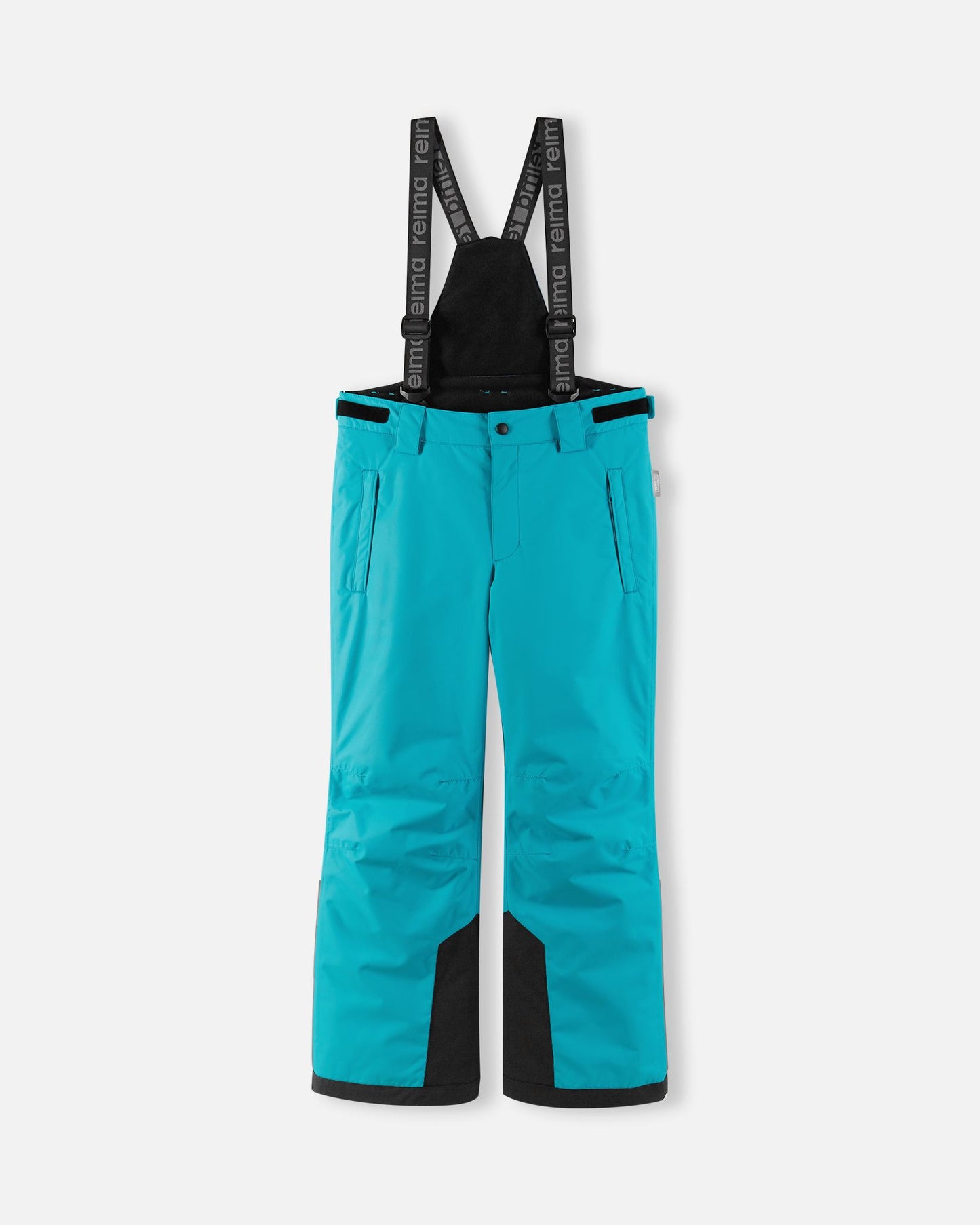 Front flat lay view of the aquatic turquoise-blue Reima Wingon kids' winter ski pants, featuring adjustable Reima-branded black suspenders, zippered hip pockets, and durable black reinforced hems designed for alpine skiing.