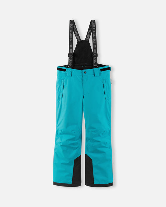 Front flat lay view of the aquatic turquoise-blue Reima Wingon kids' winter ski pants, featuring adjustable Reima-branded black suspenders, zippered hip pockets, and durable black reinforced hems designed for alpine skiing.