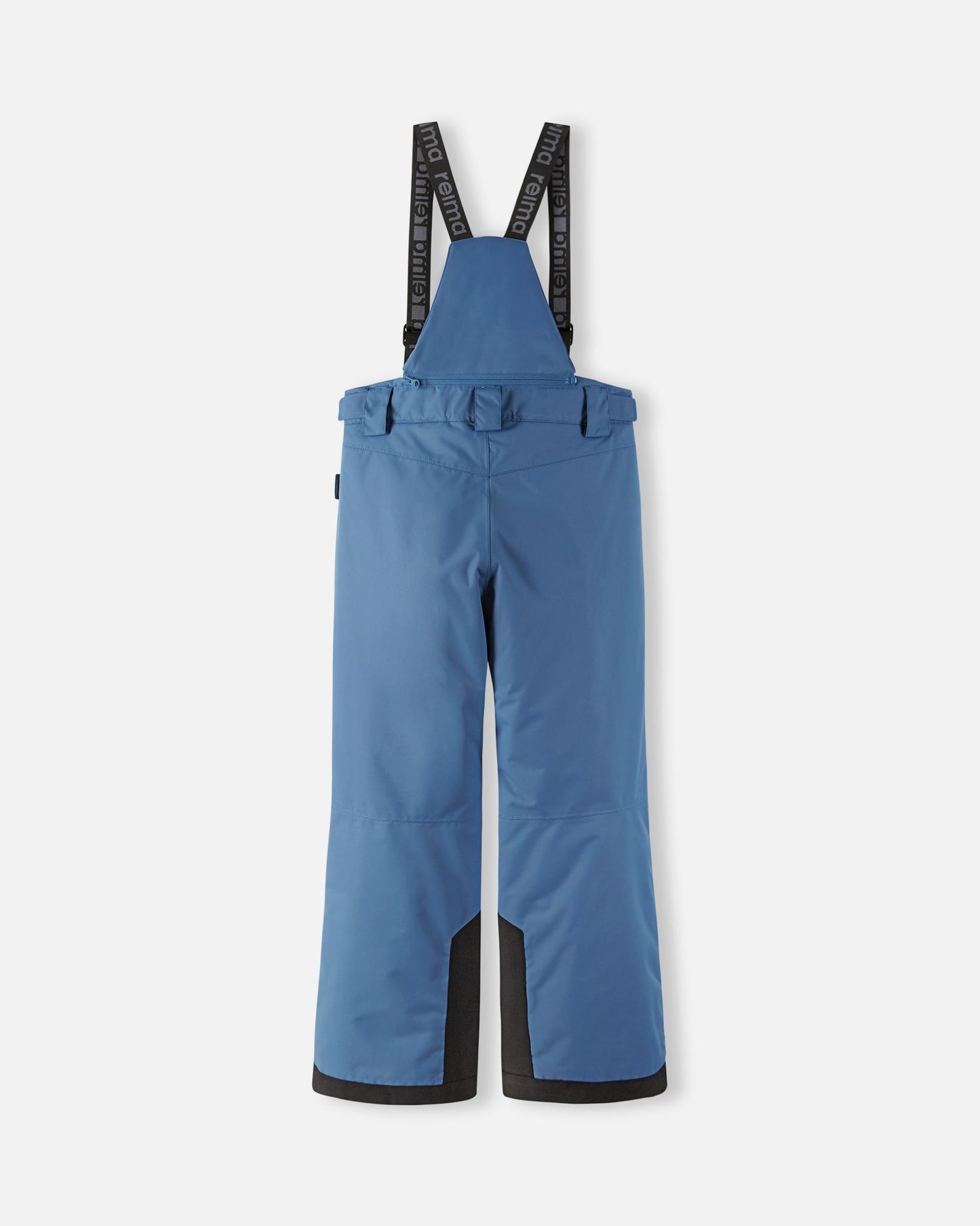Back flat lay view of the blue ocean Reima Wingon kids' ski pants, showcasing the high-back coverage, elastic waistband, and heavy-duty black reinforced lower legs built for rugged winter sports.