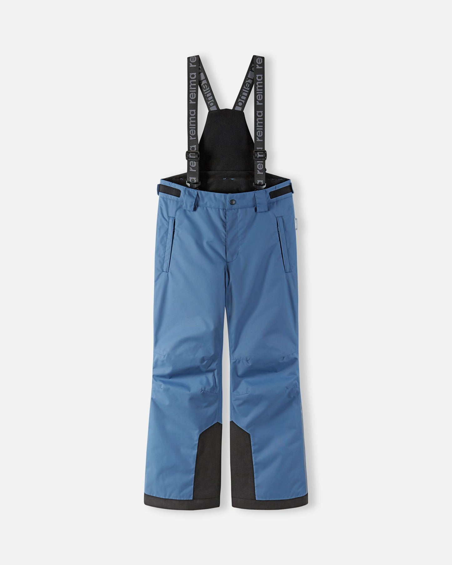 Front flat lay view of the blue ocean Reima Wingon kids' winter ski pants, featuring adjustable Reima-branded black suspenders, zippered side pockets, and durable black reinforced hems designed for alpine skiing.