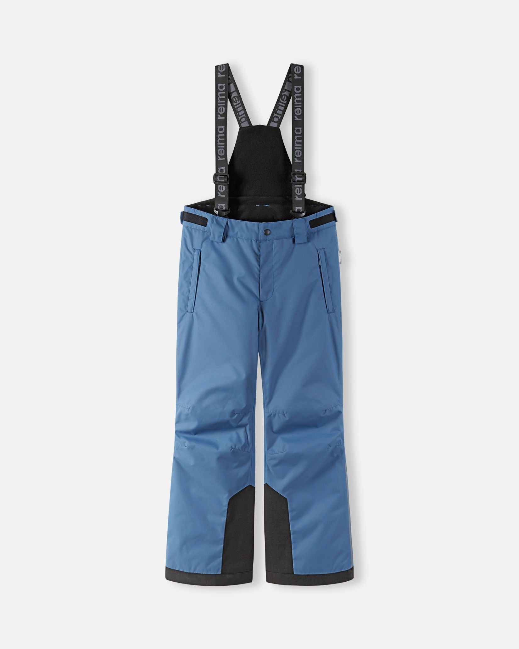 Front flat lay view of the blue ocean Reima Wingon kids' winter ski pants, featuring adjustable Reima-branded black suspenders, zippered side pockets, and durable black reinforced hems designed for alpine skiing.