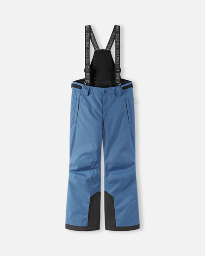 Front flat lay view of the blue ocean Reima Wingon kids' winter ski pants, featuring adjustable Reima-branded black suspenders, zippered side pockets, and durable black reinforced hems designed for alpine skiing.
