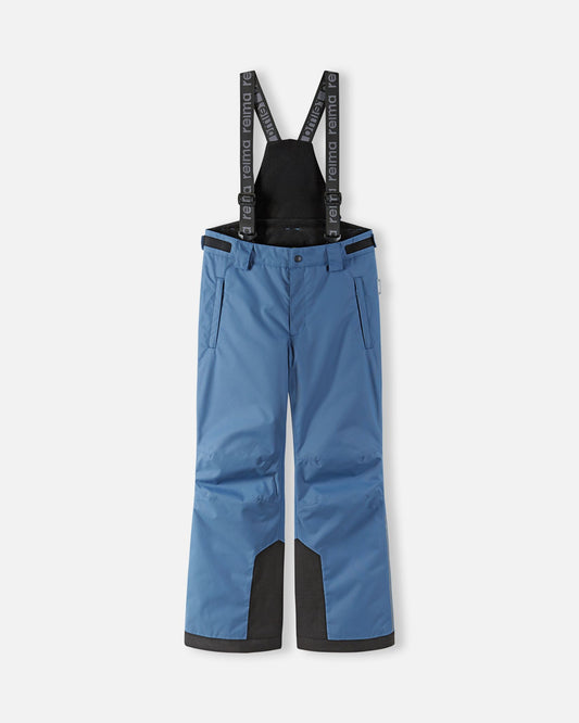 Front flat lay view of the blue ocean Reima Wingon kids' winter ski pants, featuring adjustable Reima-branded black suspenders, zippered side pockets, and durable black reinforced hems designed for alpine skiing.