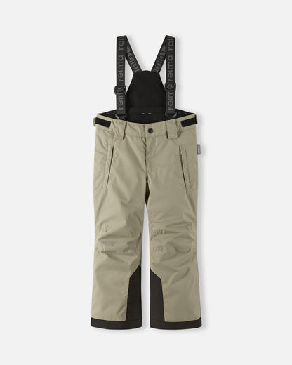 Front flat lay view of the earthy beige Reima Wingon kids' winter ski pants, featuring adjustable Reima-branded black suspenders, zippered hip pockets, and durable black reinforced hems designed for alpine skiing.