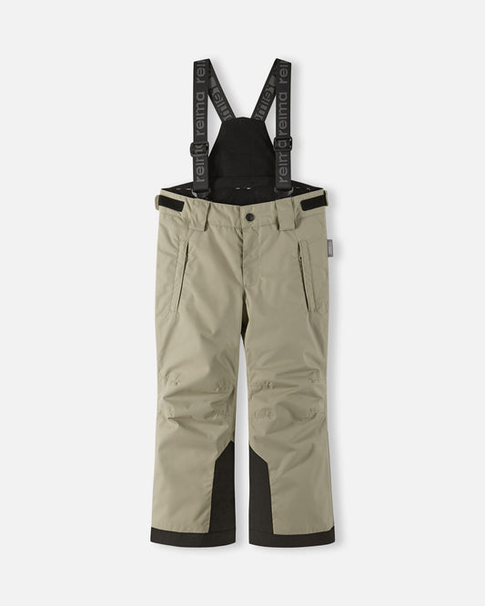 Front flat lay view of the earthy beige Reima Wingon kids' winter ski pants, featuring adjustable Reima-branded black suspenders, zippered hip pockets, and durable black reinforced hems designed for alpine skiing.