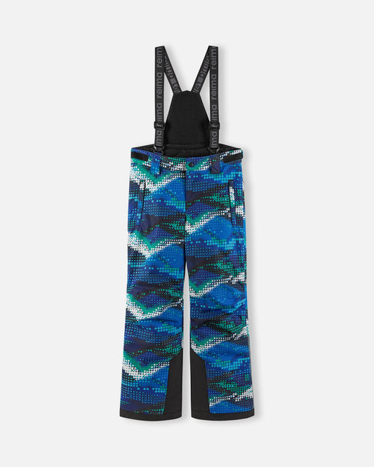 Front flat lay view of the twilight blue patterned Reima Wingon kids' winter ski pants, featuring a vibrant multi-color blue and green geometric dot print, adjustable branded suspenders, zippered hip pockets, and durable black reinforced hems.