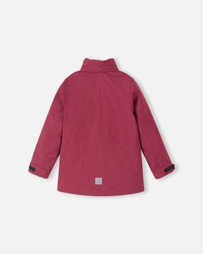 Flat lay back view of a red Reimatec kids winter parka without the hood, featuring a reflective safety patch near the bottom hem.